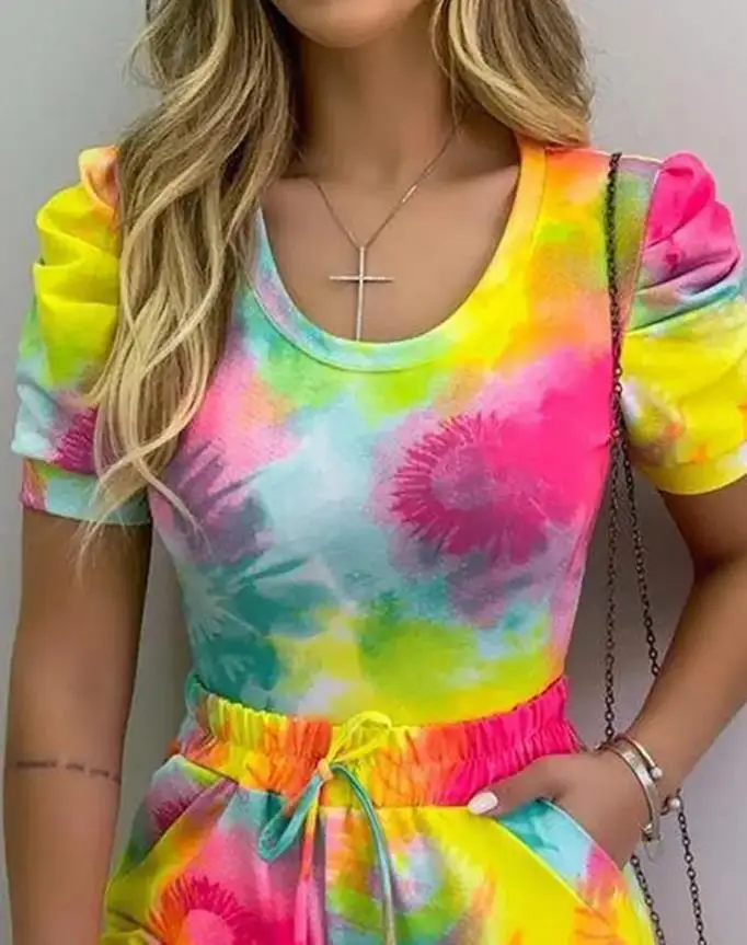 Two Piece Set Casual Women Fashion Tie Dye Print Puff Sleeve Top & Drawstring Shorts Set 2022 Summer New