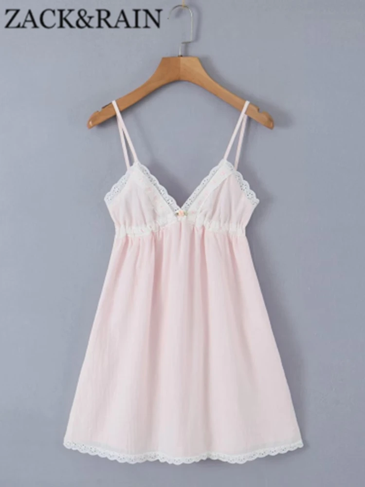 

ZACK RAIN Pink Lace Edge Strap Mini Sling Dress For Women 2023 Summer Vintage Sleeveless Dress Female Chic Dress