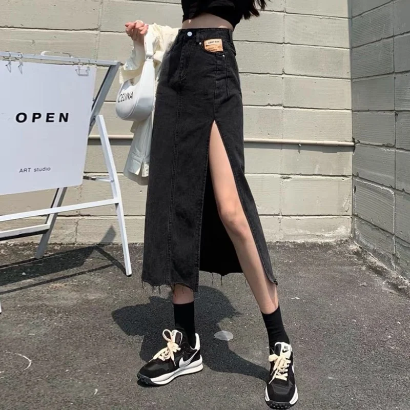 Side Slit Denim Skirt for Women 2023 New Plus size Chubby Girl High Waist A Word