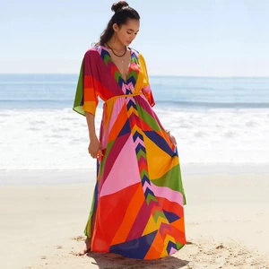 Contrast Color Block Pattern Maxi Dress Tropical Stylish Geometric Belt Robe Beach Dresses Exquisite Holiday Outfit EveningDress