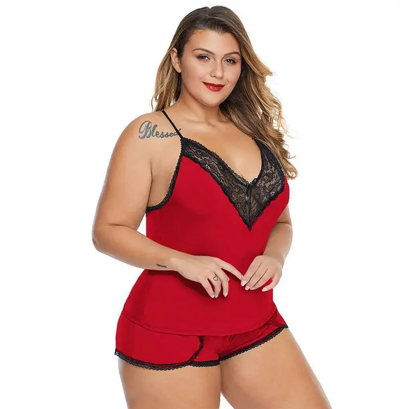 Plus Size Lace Camisole Tops+Short Pants 2023 Oversized Women's Solid Sex Lingerie Set For Female Casual Underwear Sleepwear