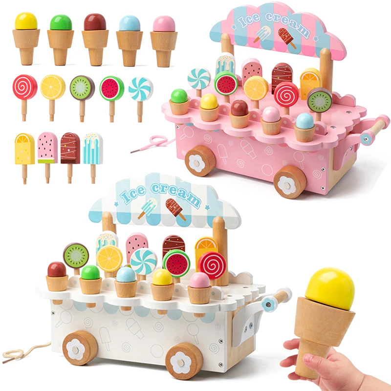 Wooden Ice Cream Girl Toy Kitchen Pretend Play Toys Kitchen Accessories Simulation Ice Cream Shop Montessori Education Toy Gifts