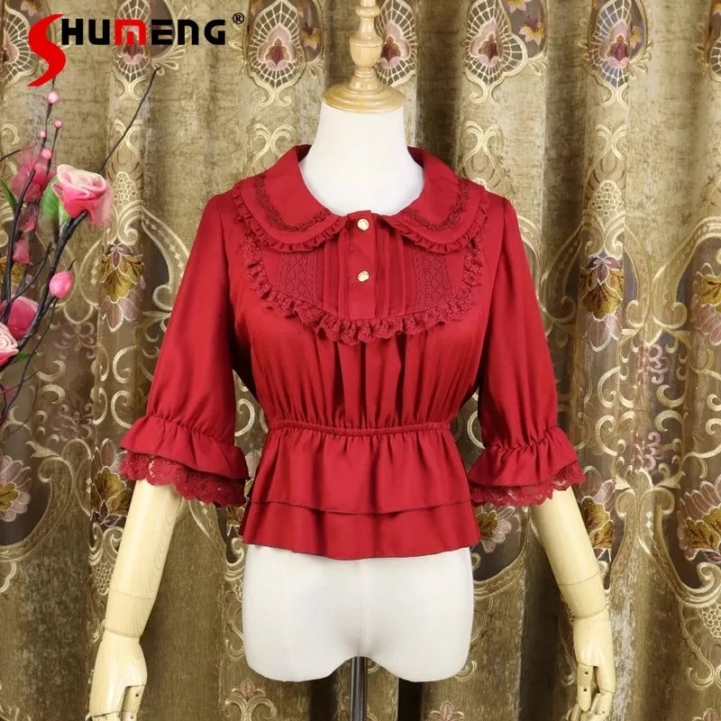 Japanese Lolita Sweet Chiffon Short-Sleeved Underwear Doll Collar Half-Sleeve Shirt Slim Fit Lace Inner Match Bottoming Blouse