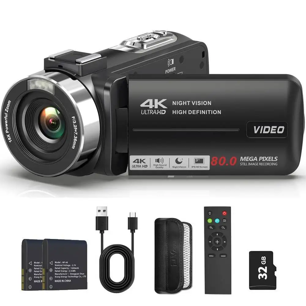 Cámara de vídeo 4K Videocámara Ultra 80MP Cámara digital Cámara de vlogging para YouTube 3.0" IPS 270 ° Pantalla IR Visión nocturna DV portátil