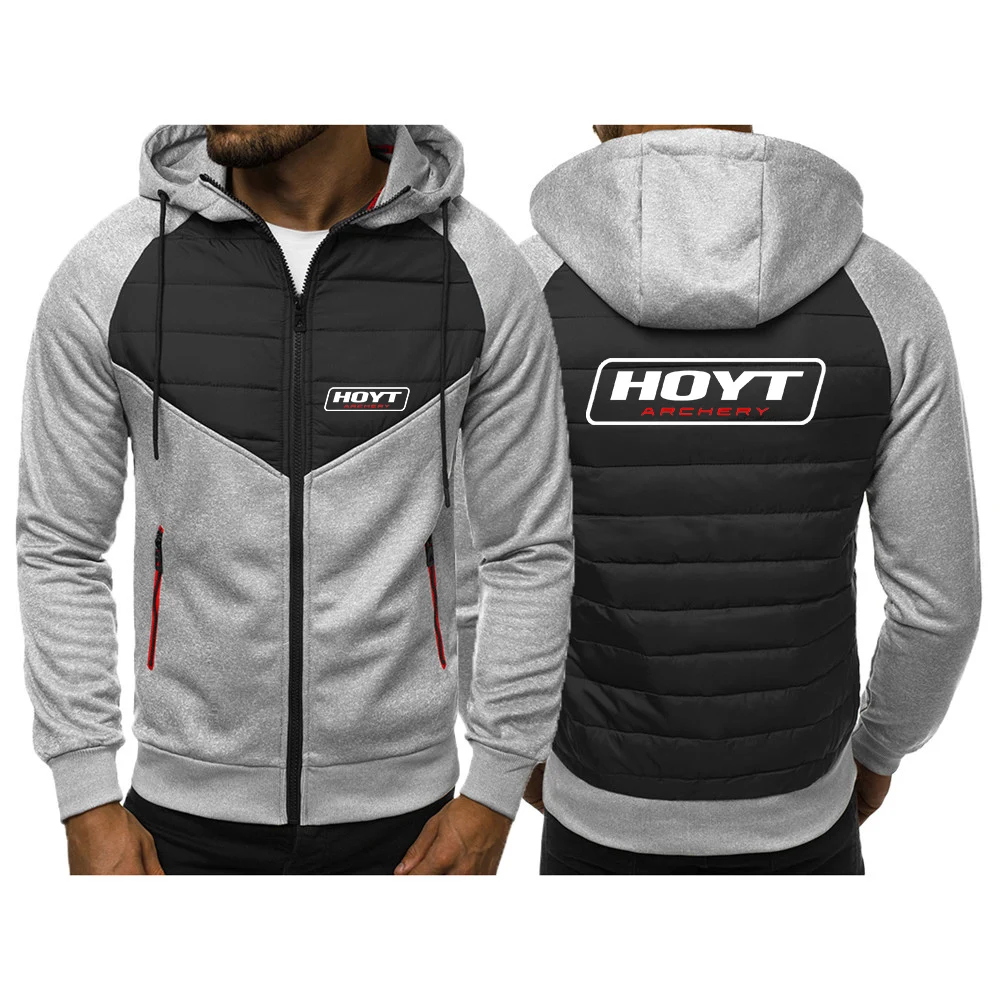 Hoyt Archery 2023 New Spring and Autumn Men Tricolor Hooded Jacket Casual Slim Patchwork Zipper Long Sleeve Clothing
