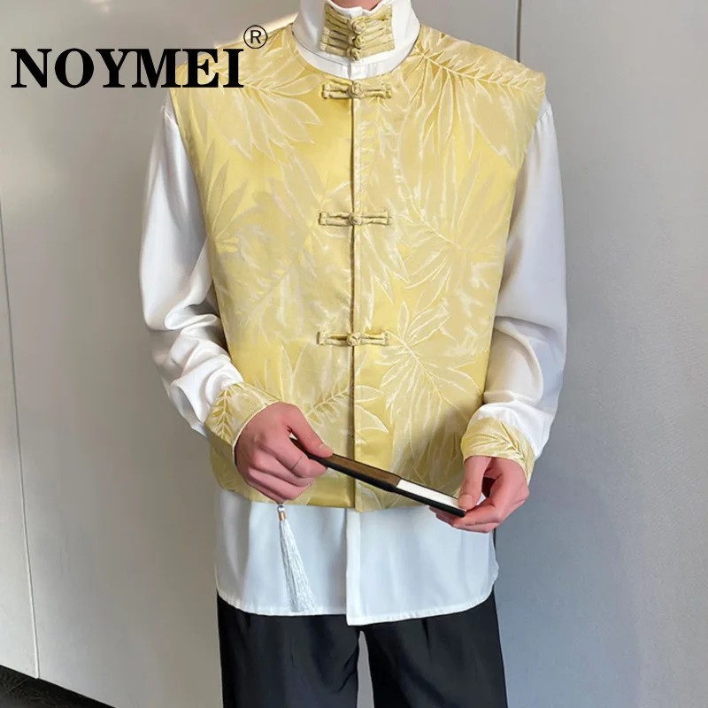 

NOYMEI Yellow Waistcoat Sleeveless Short Round Neck Fashionable 2024 Summer New Chinese Style Print Vest Men Knot Button WA4270