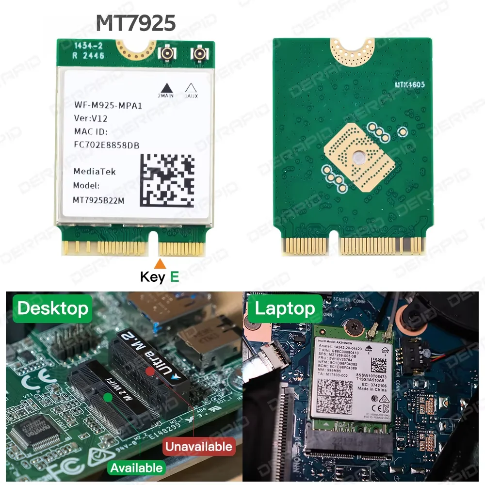 MT7925 WiFi 7 M.2 어댑터 6500Mbps 블루투스 5.4 802.11be 네트워크 카드(Windows 10 11용) AX210NGW보다 우수함 노트북/PC 지원