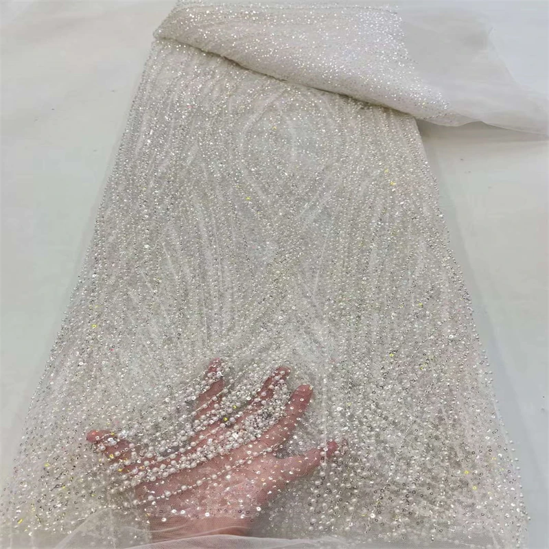 

Latest French Beads Lace Fabric 2022 High Quality Lace Embroidery African Sequins Tulle Lace Fabric Nigerian Lace For Wedding