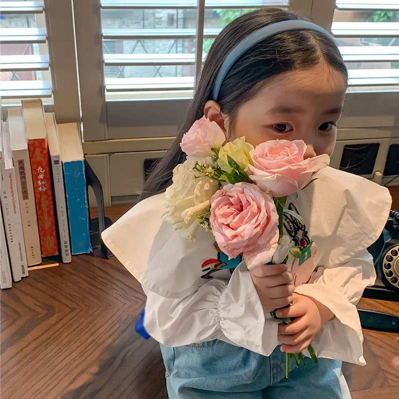 3-8T Puff Sleeves Baby Girl Shirt Long Sleeve Cartoon Embroidery Shirt Big Lapel Cute Blouse Autumn Spring Korean Casual Tops