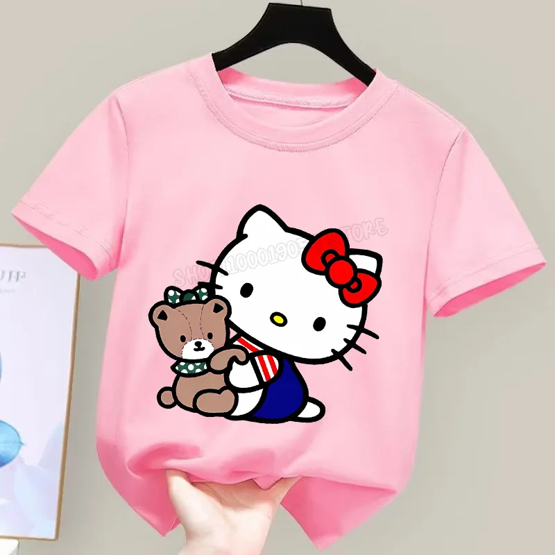 thumbnail image 1 of Camiseta de Hello Kitty para niños y niñas, ropa bonita de dibujos animados, ropa con estampado de figuras de Anime, Top rosa, regalo de verano, 1 of 5