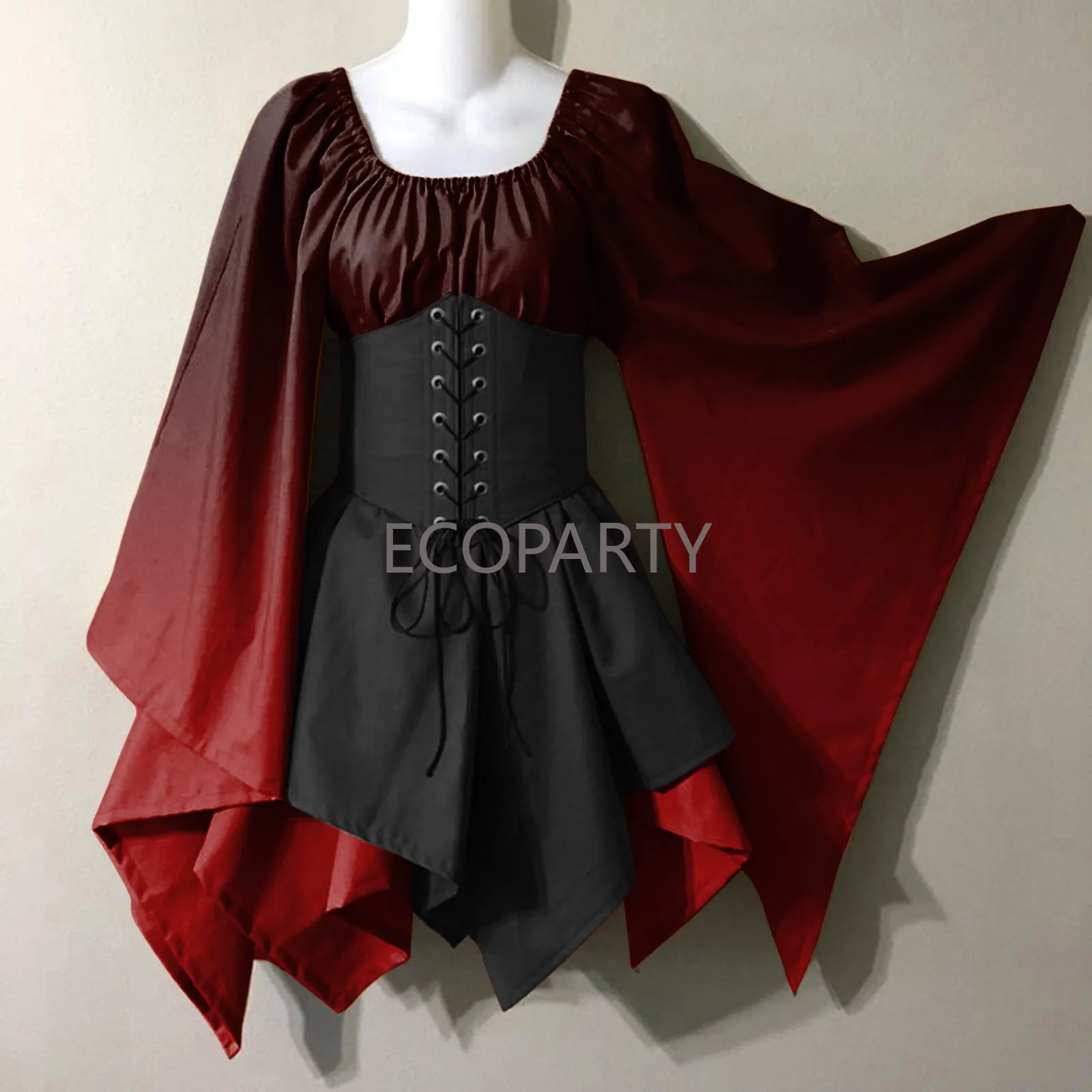 

Renaissance Vintage Palace Victoria Medieval Costume Women Halloween Cosplay Full Sleeve Waist Bandage Ptachwork Dress Party