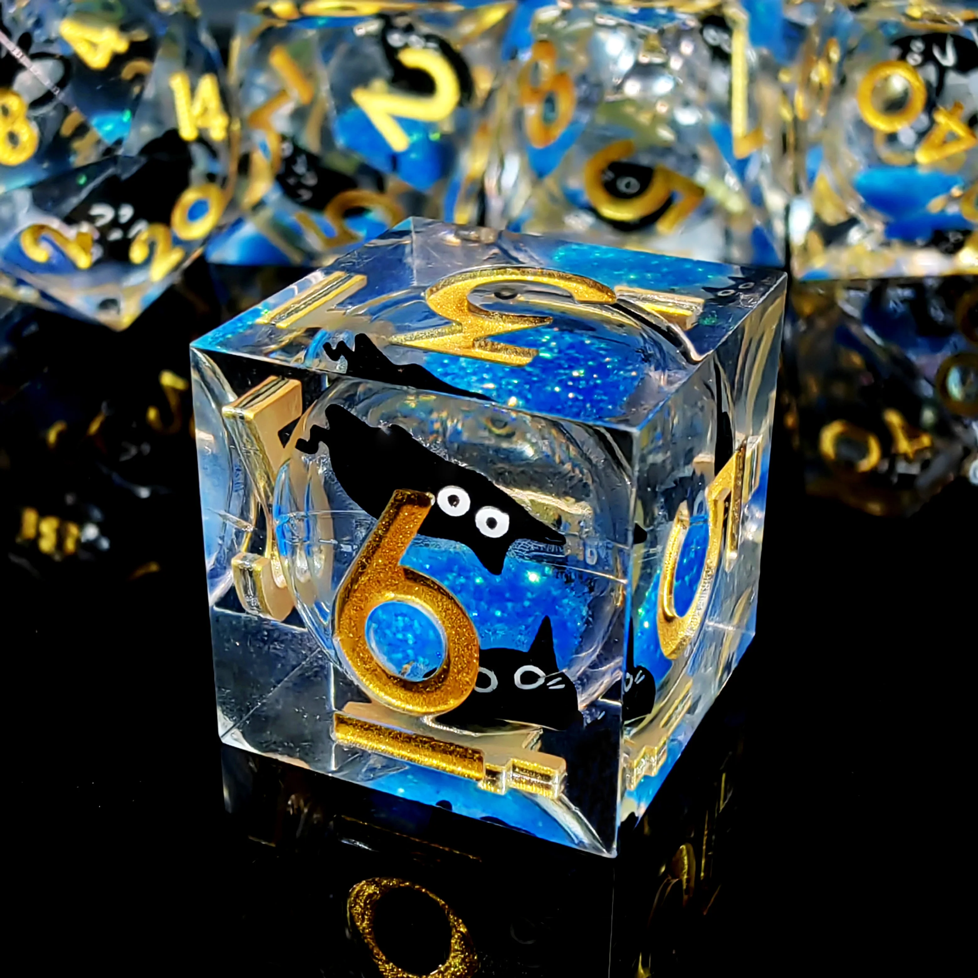 DnD Dice Set: DnD Dice Set-7 Piece Blue Liquid Core Resin Dice with Glitter Sand, Polyhedral for Dungeons & Dragons, RPG Tabletop Games