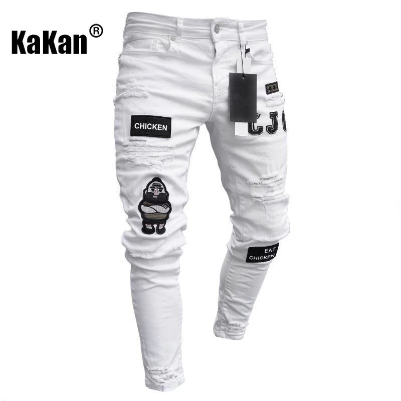 Kakan European and American High-quality New Long Jeans Men's Elastic Tight Jeans, Hole Badge Slim-fit Pants Jeans K14-881