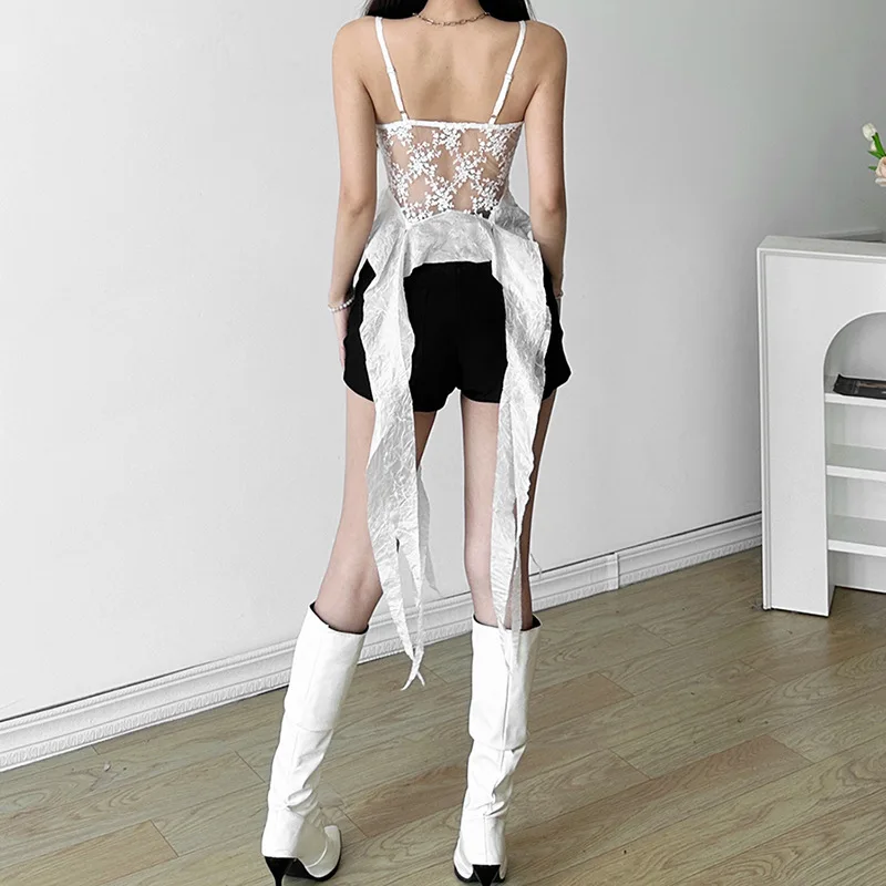 Nibber Splicing Summer New  Women Thin Sexy Perspective Lace Mature Beautiful Street Sweet Gentle Cool Women Ruffled Camisole