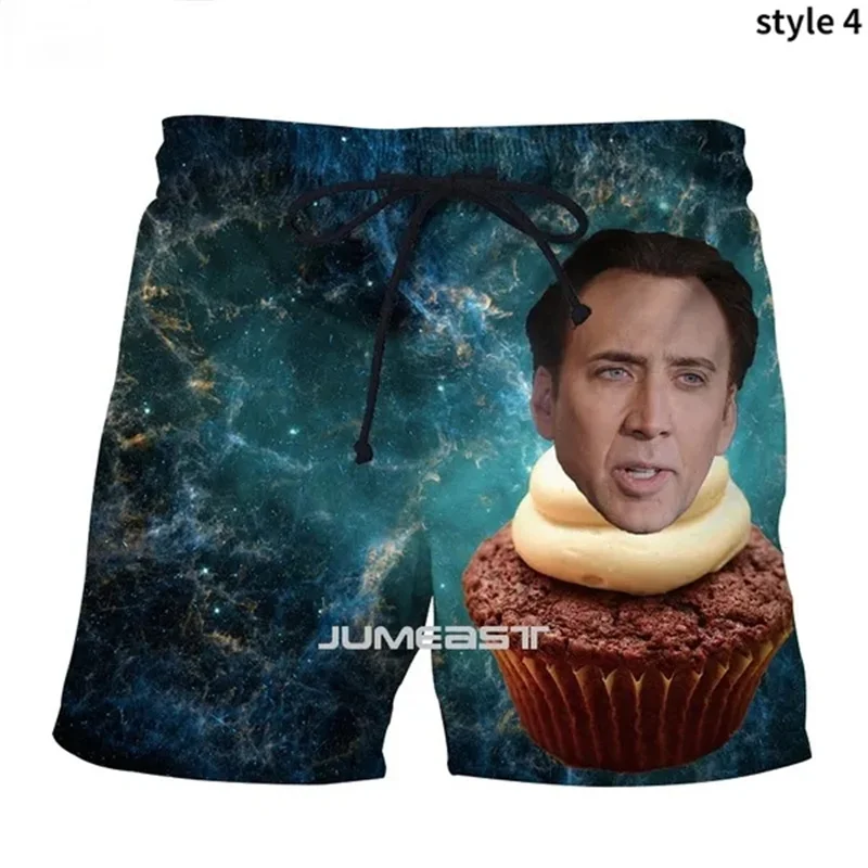 Nicolas Cage Funny Face Graphic Beach Shorts Men Cool 3D Printed Board Shorts Swimsuit Summer Hawaii Swim Trunks Kids Ice Shorts 4