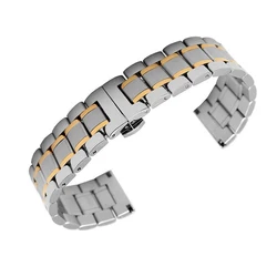Premium Stainless Steel Watch Band with Butterfly Clasp - Silver Gold Finish - 22mm (Gold Silver)