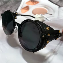 

New Fashion Leather Frame Sunglasses For Men Alloy Rivet Steampunk Sun Glasses Male Round Black Brown Shades Women Eyewear
