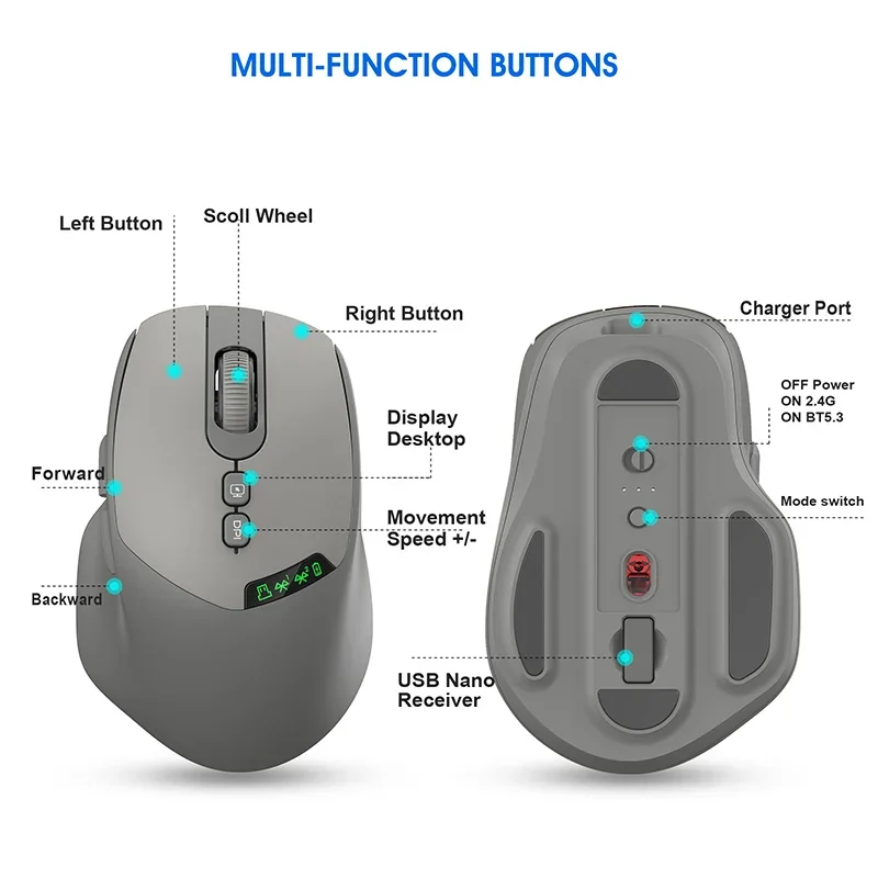 Dual Mode Wireless Bluetooth Mouse with Silent Click, Adjustable DPI & Rechargeable Battery Display