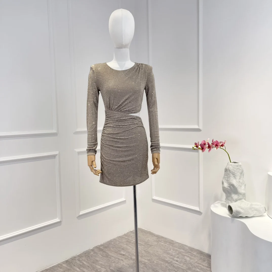 

2022 Autumn Top Quality Waist Cut Out Long Sleeve Diamonds X-shape Sexy Lady Mini Dresses for Party