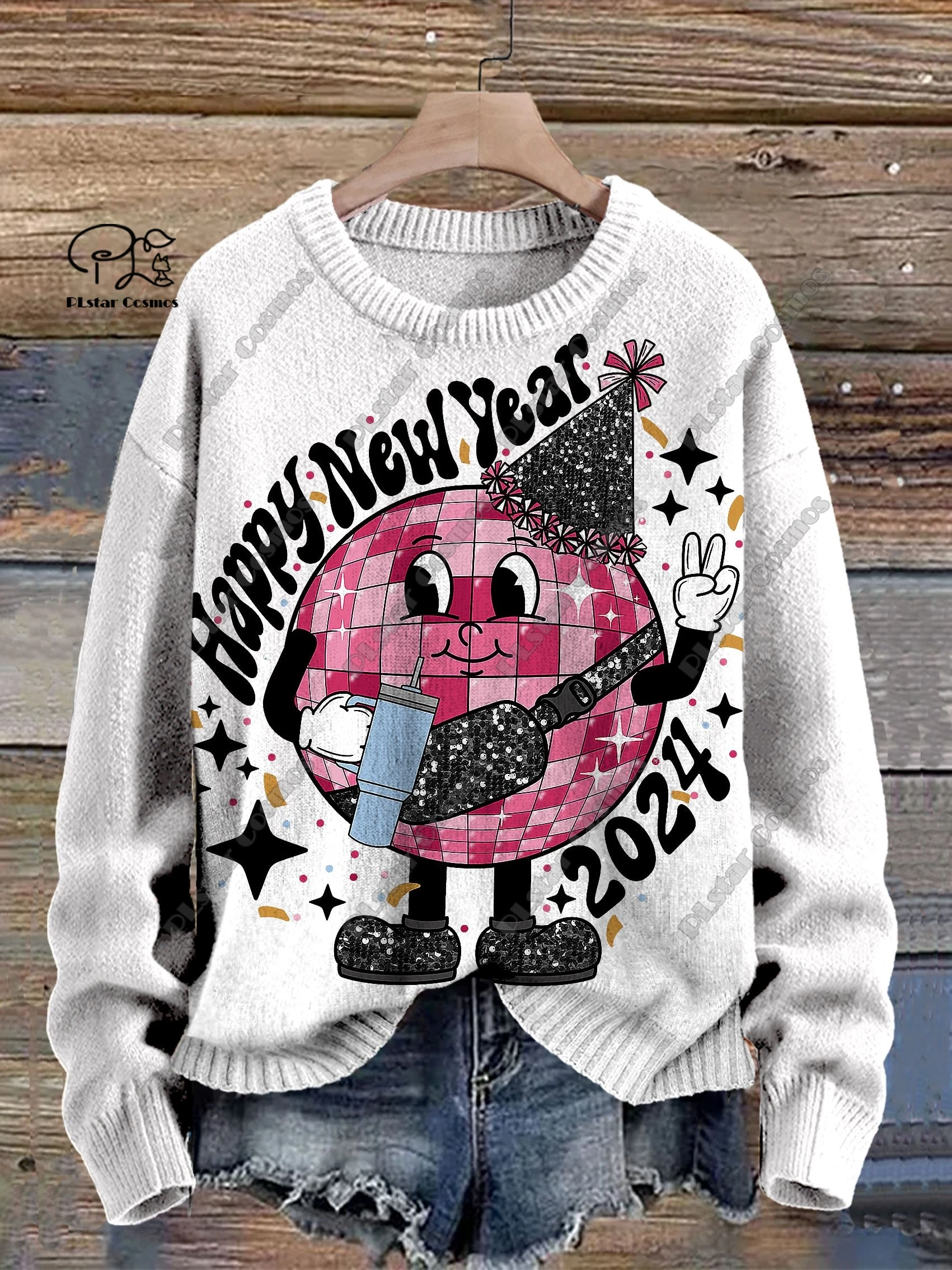 

PLstar Cosmos New 3D Printed Holiday Series 2024 Happy New Year Pattern Ugly Sweater Winter Street Casual Unisex X-1