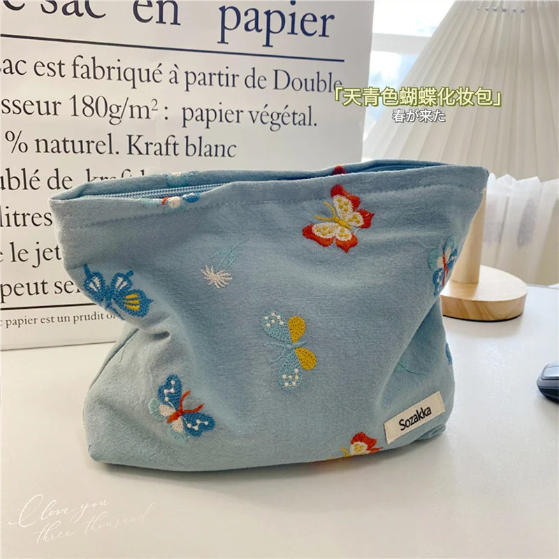 

Cosmetic Bag Organizer Sweet Ladies Butterfly 3D Embroidery Denim Blue Indie Pop Portable Woman Purse Handbag Makeup Wash Bag