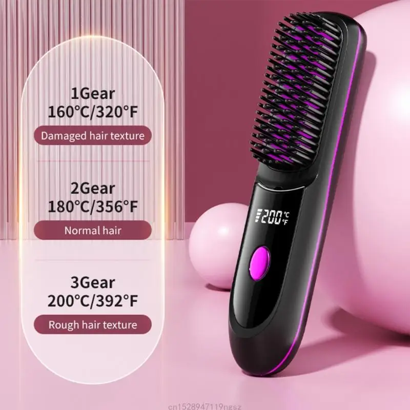 Cordless Hair Straightener Brush Fast Heating 3 Gear Adjustable Temperature USB Rechargeable Hair Straightening Comb R9UD