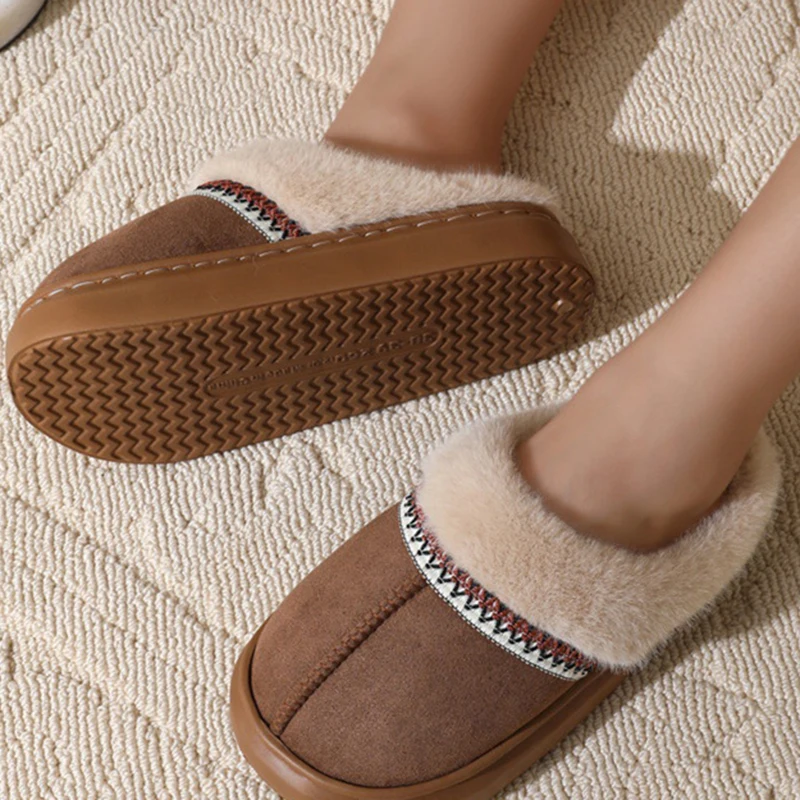 Vintage Thick Bottom Fluffy Slippers Women Winter Outdoor Thicken Plush Cotton Shoes Woman Comfort Non Slip Home Slippers Mujer
