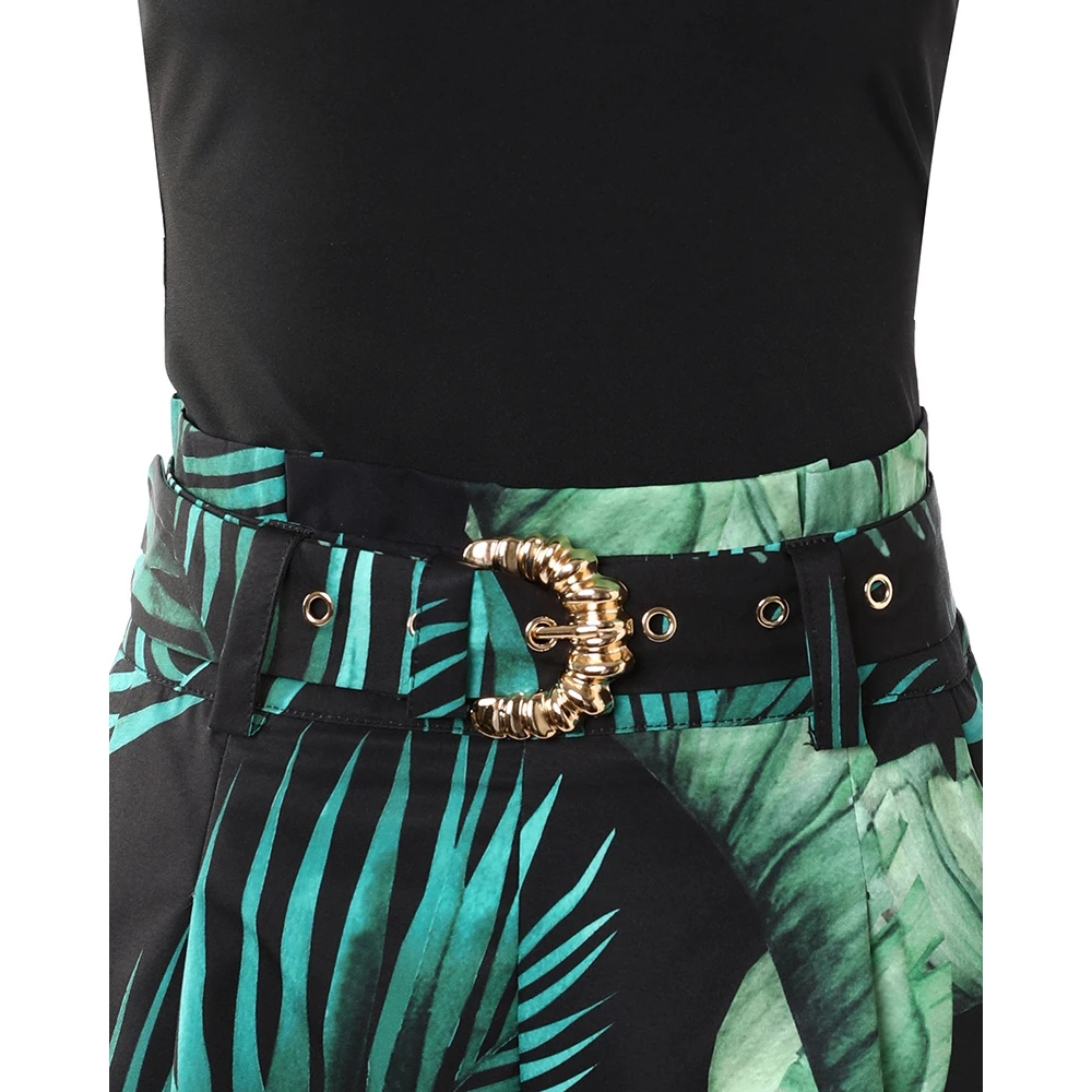 Summer Casual Women Basic Two Pieces Suit Sets Sleeveless Tank Top & Tropical Print Shorts Sets With Belt Daily Vacation Outfits