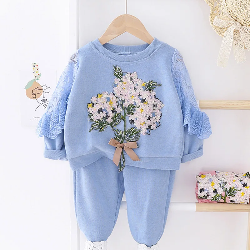 

Baby Girl Floral Fall Clothes Suits New New Fashion Korean Style Bow Flower Shirts Pants Outfits Toddler Casual Sweet Sets 1-5Y