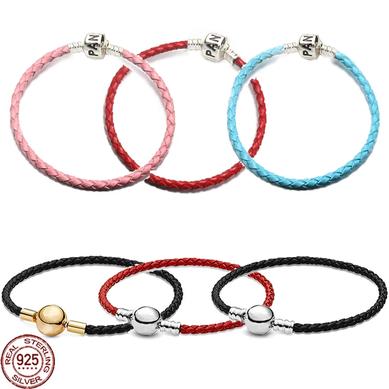 

Classic 925 Sterling Silver Leather Bucket Buckle Round Buckle Bracelet Fashion Couple Bracelet DIY Jewelry for Family