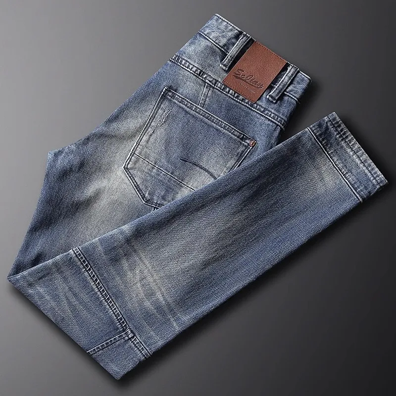 Bike Street Fashion Men's Jeans High Quality Retro Blue Elastic Slim Fit Panel Designer Jeans Homme Hip Hop Jeans for Men