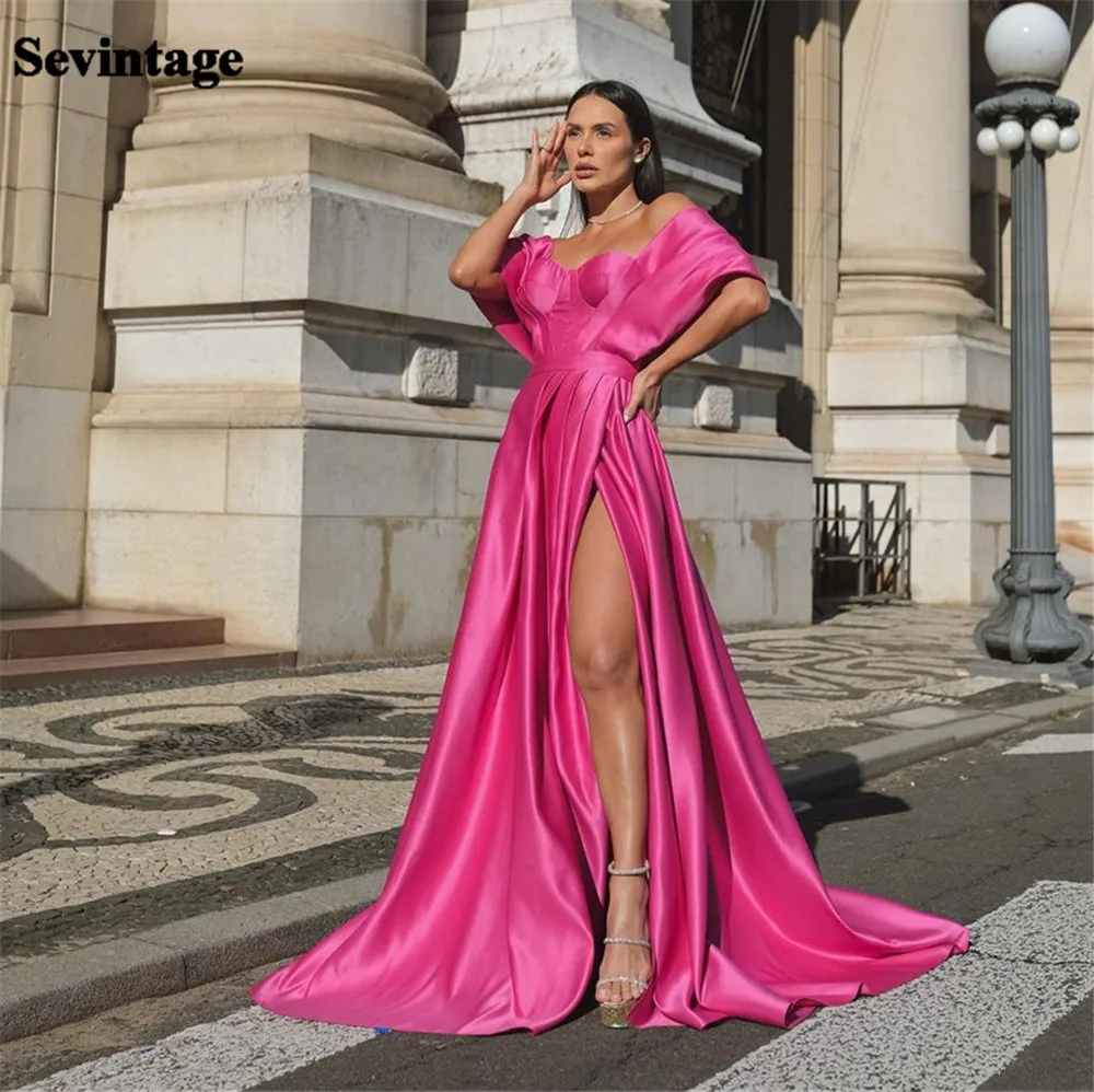 

Sevintage Modern Fushia Satin Prom Dress A-Line Off The Shoulder Ruched High Mid Slit Floor Length Party Gown فساتين السهرة 2024