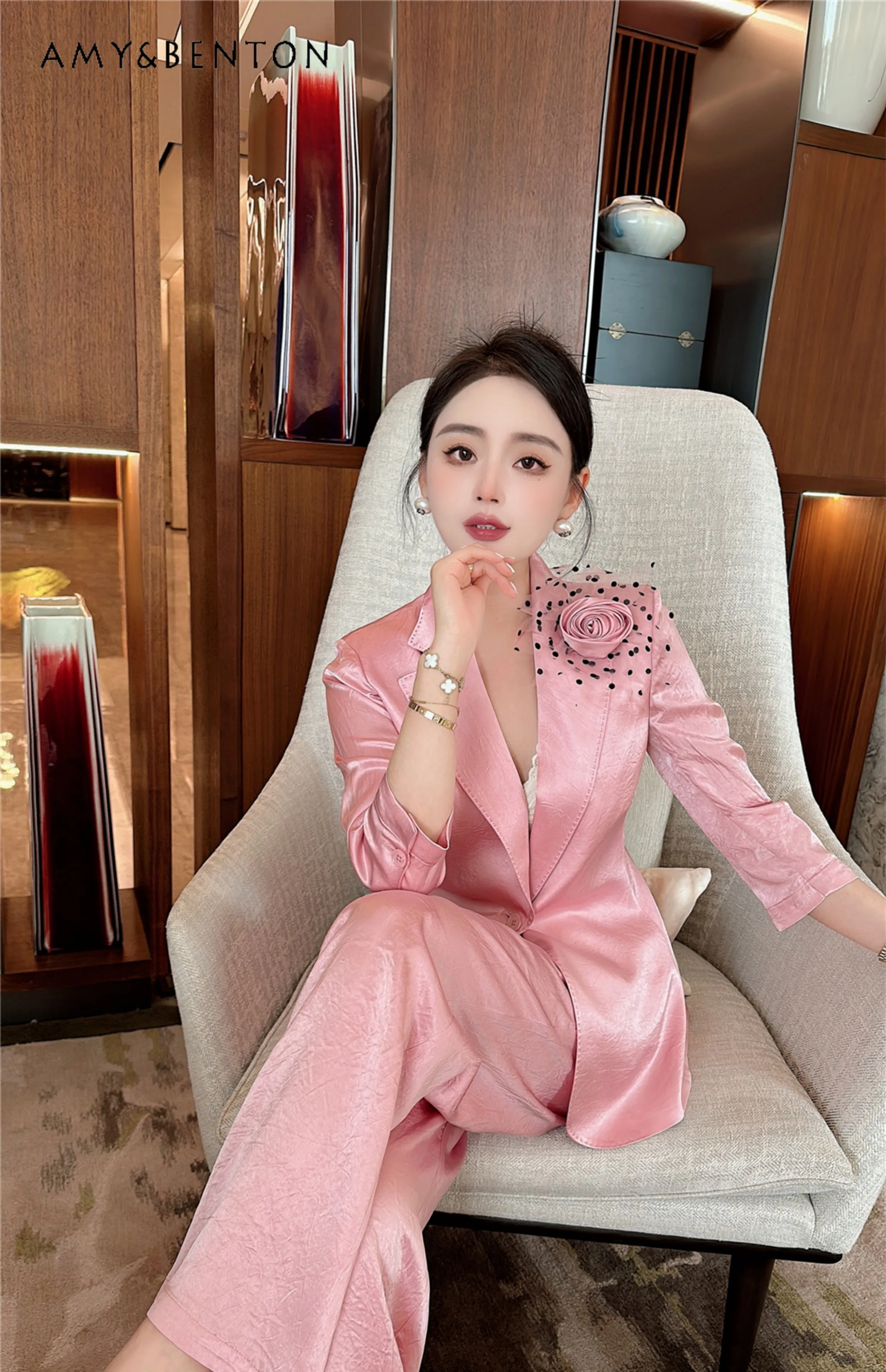 Summer Socialite Temperament Suit High-Grade Acetate Slim Suit Jacket Wide-Leg Pants Office Lady Two Piece Sets Womens Outifits