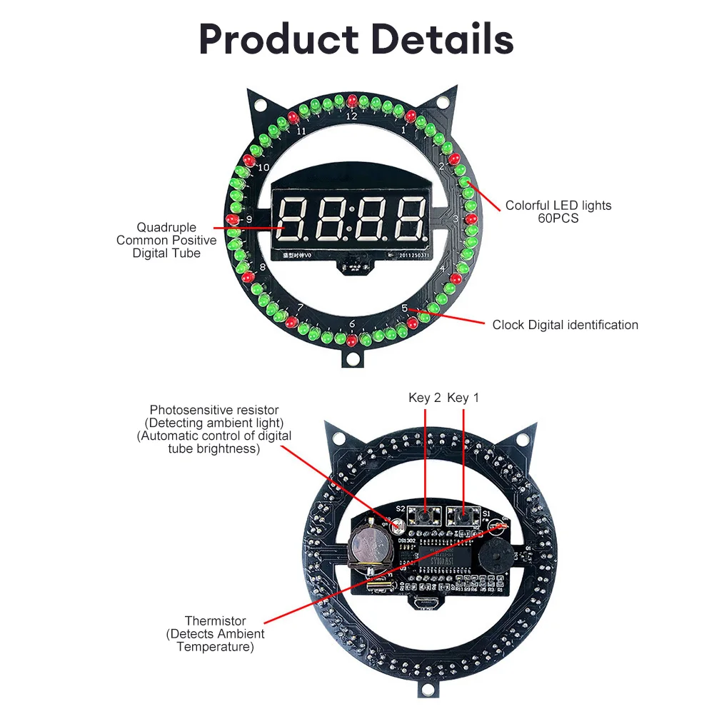 LED fun alarm clock DIY electronic welding kit multifunctional kitten clock creative light control temperature assembly welding