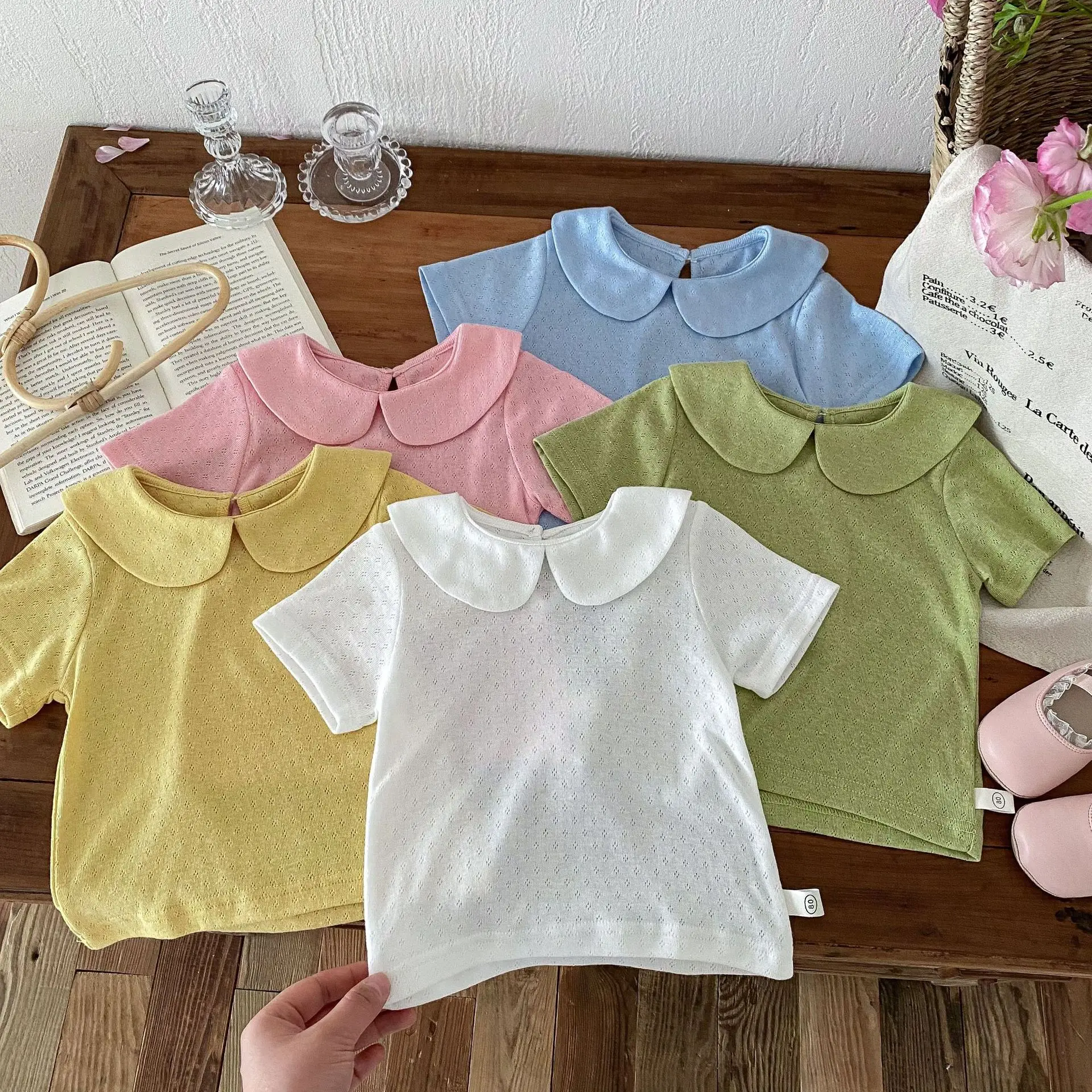 

Summer Girls' T-Shirt Peter Pan Collar Kids Tops Solid Color Simple Baby Short Sleeves Toddler Casual Tees New Children Clothes