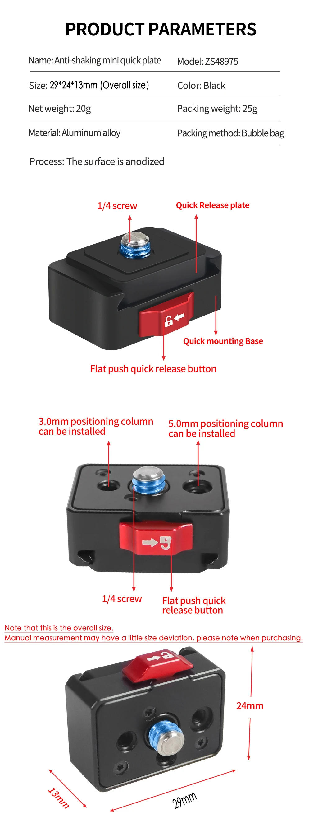 V Mount Plate Quick Release Clamp Fast Switch 1/4 Screw for Gopro13 Insta360 X5