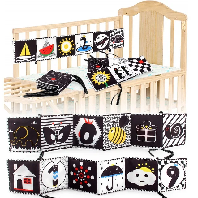 Sensory Cloth Book High Contrast Baby Toys 0-12 Months Newborn Crib Toys Black and White Animal Cloth Books Montessori Baby Book 1