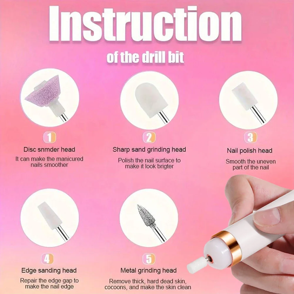 Portable Nail File Care Electric Nail Drill with 4 Speeds Cuticle Trimmer Battery Operated Manicure and Pedicure Tools