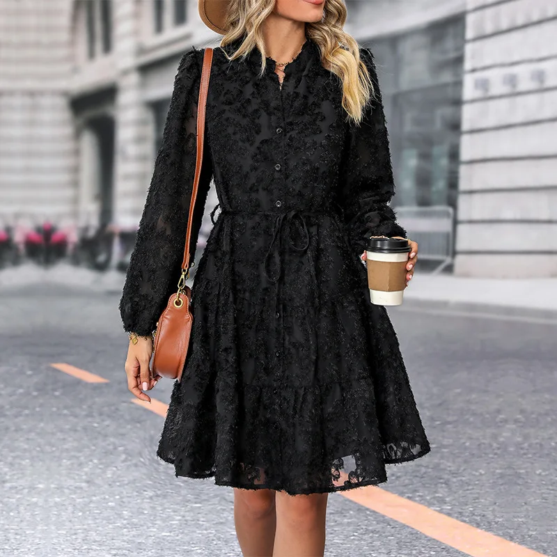 

Women Dresses Long Sleeve Pullover Dress Solid Color Vestidos Knee Length Sexy Flounced Edge Patchwork Stand Collar 2023