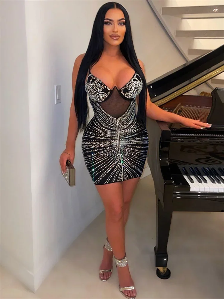 Wmstar Women Diamonds Hot Drill Sleeveless V-Neck Dress Fashion Bodycon Mini Evening Sexy Clubwear Party Vestidos Pencil Dresses