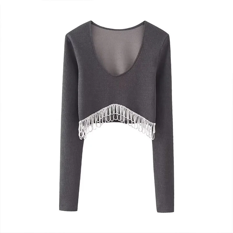

2023 Women Fashion Artificial Diamond Tassel Gray Knitted Sweater Vintage V-Neck Long Sleeves Female Pullover Chic Top