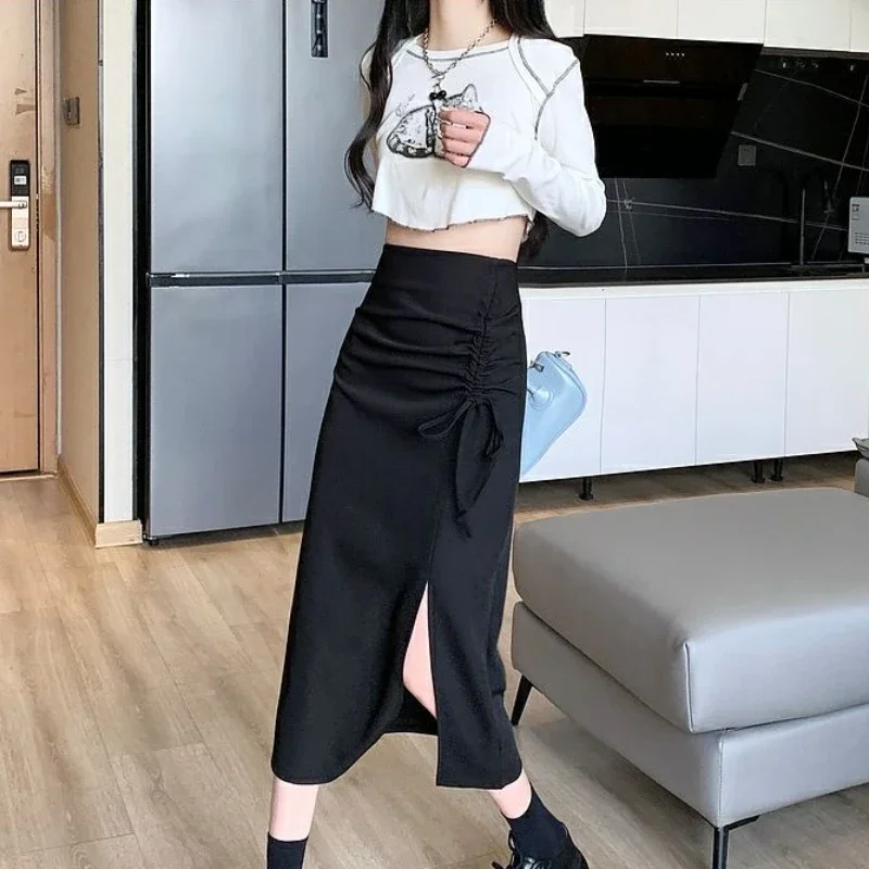 DAYIFUN High Waisted Half Skirts Women New Split Drawstring Design Half Dresses Solid A-line Pleated Hip Wrap Skirt Autumn 2024