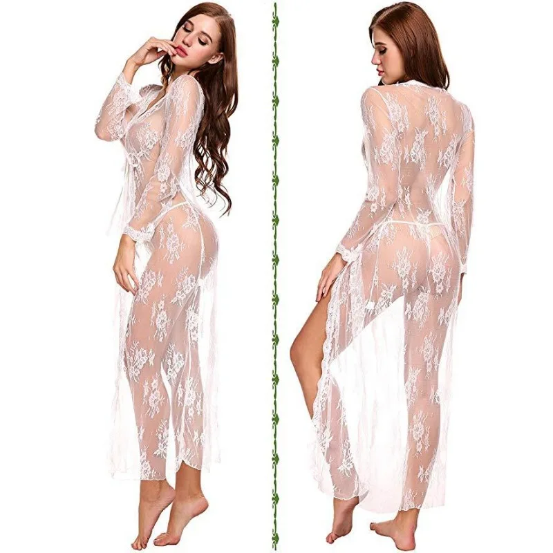 Lace Mesh Transparent Robe Nightgown women dress women sleepwear Women's Deep V-Neck Home Ultrathin Nightgown