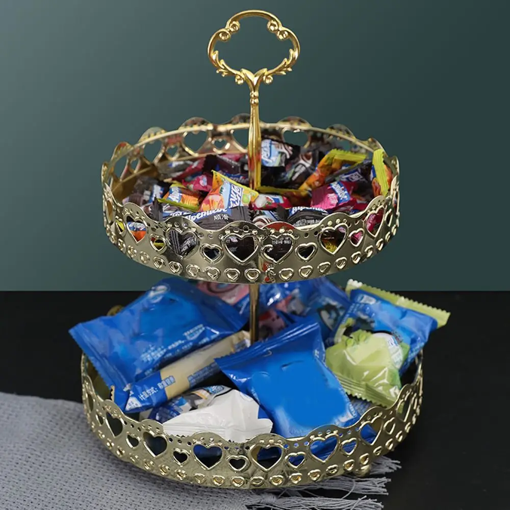 Wrought Iron Nordic Pastry Tray Gold Large Capacity Fruit Serving Tray Hollow Out Decorative 2 Tier Fruit Tray Kitchen 2