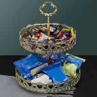Wrought Iron Nordic Pastry Tray Gold Large Capacity Fruit Serving Tray Hollow Out Decorative 2 Tier Fruit Tray Kitchen 2