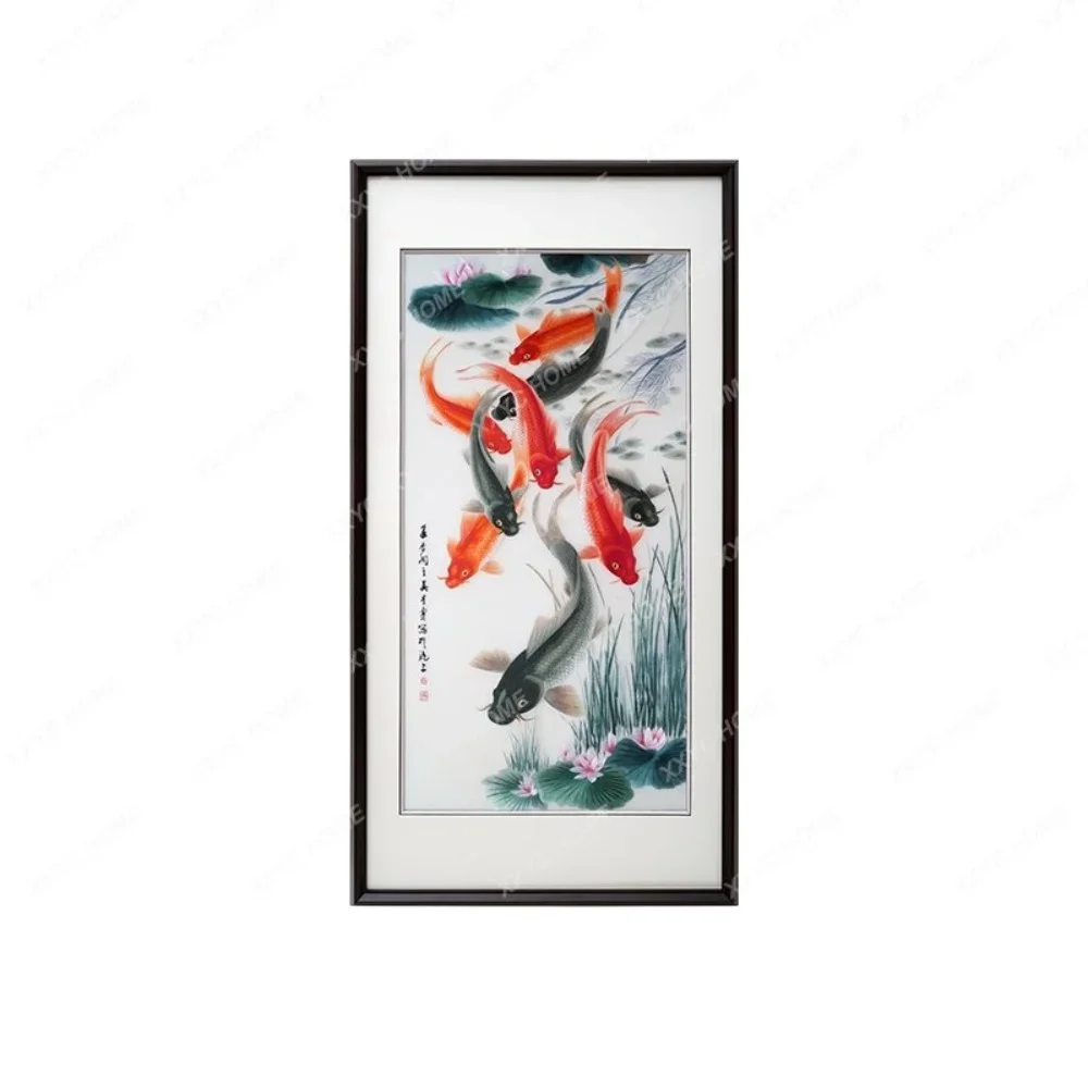 

Embroidery Lotus Fragrance Nine Fish Pattern Household Hallway Corridor Room Sofa Wall Finished Product Embroidered Ornament