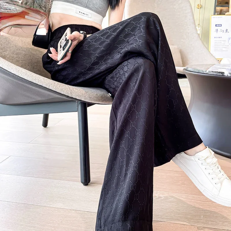 Plus Size Ice Silk Jacquard Wide Leg Pants Women Summer Thin Dropping High Waist Loose Slim Large Straight Casual Pantalones