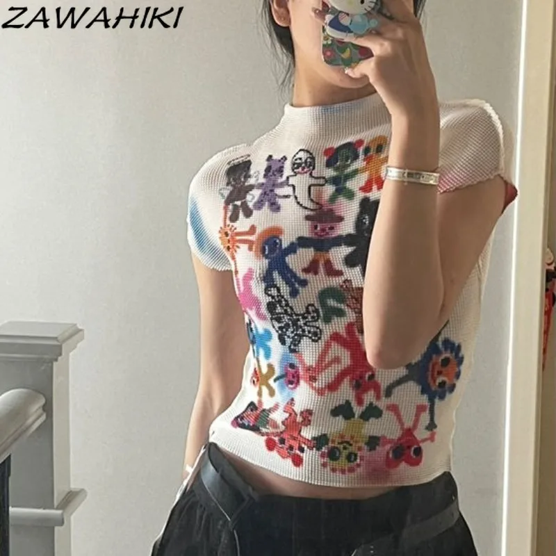 

ZAWAHIKI Y2k Top Cartoon Print Fashion Sweet Chic Designed Short Sleeve Summer New Arrive O-neck Fashion All Match Sweet Shirt