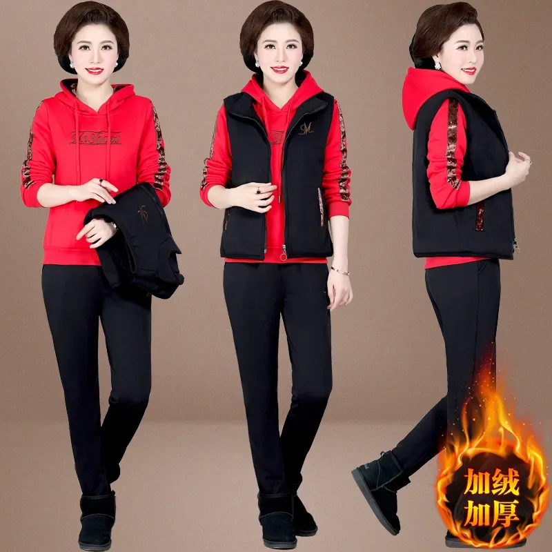 thumbnail image 1 of Traje nuevo de Otoño Invierno para mujer, Tops gruesos de felpa con capucha, chaleco, pantalones, 3 conjuntos de tres piezas, ropa de mujer de talla grande a la moda, 1 of 5