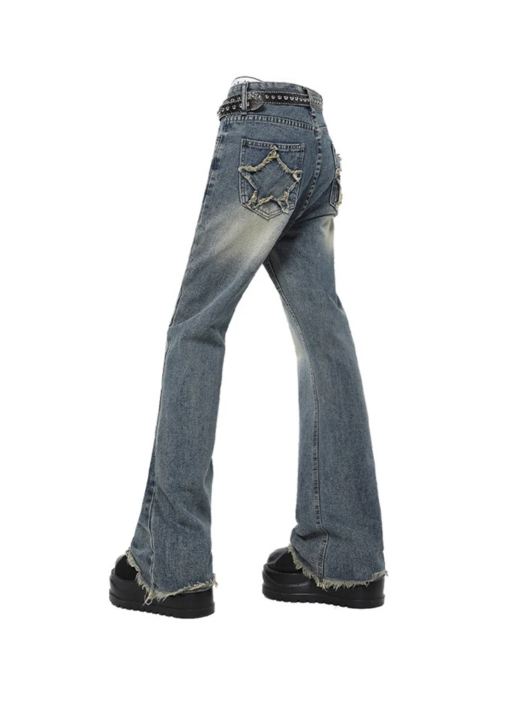 

American Retro Office Lady Flare Hight Waist Slim Tight Bodycon Comfortable Bottoms Fashion Denim Pant Star Embroidery Trousers